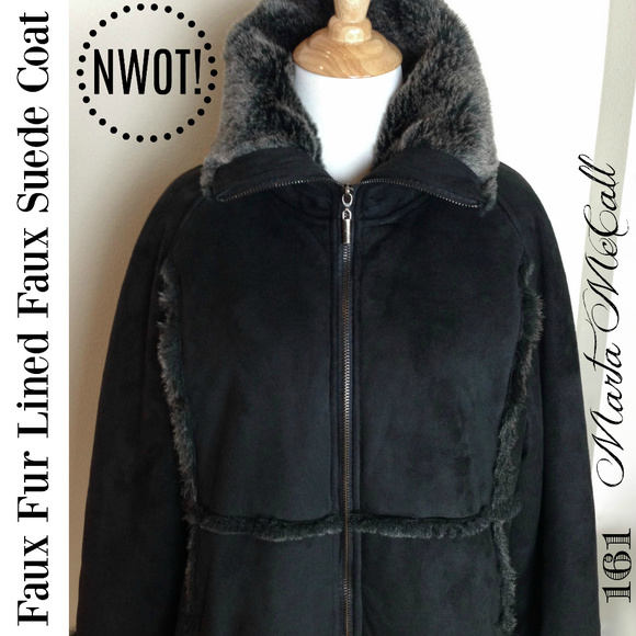 NWOT Faux Suede Faux Fur Lined Shearling Warm Coat - Picture 4 of 5